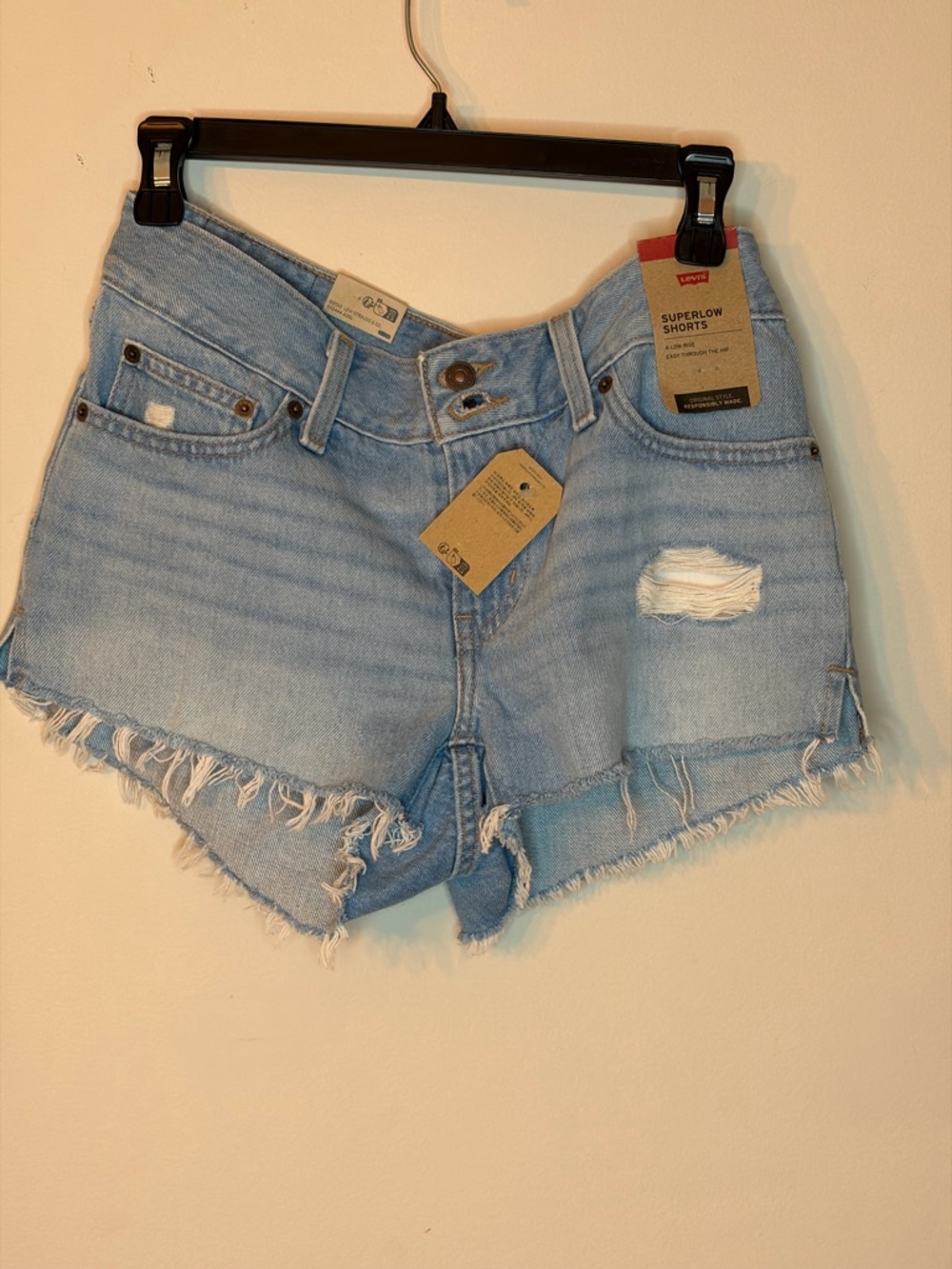 Levi's Light Blue Distressed Frayed Hem Superlow Jean Shorts